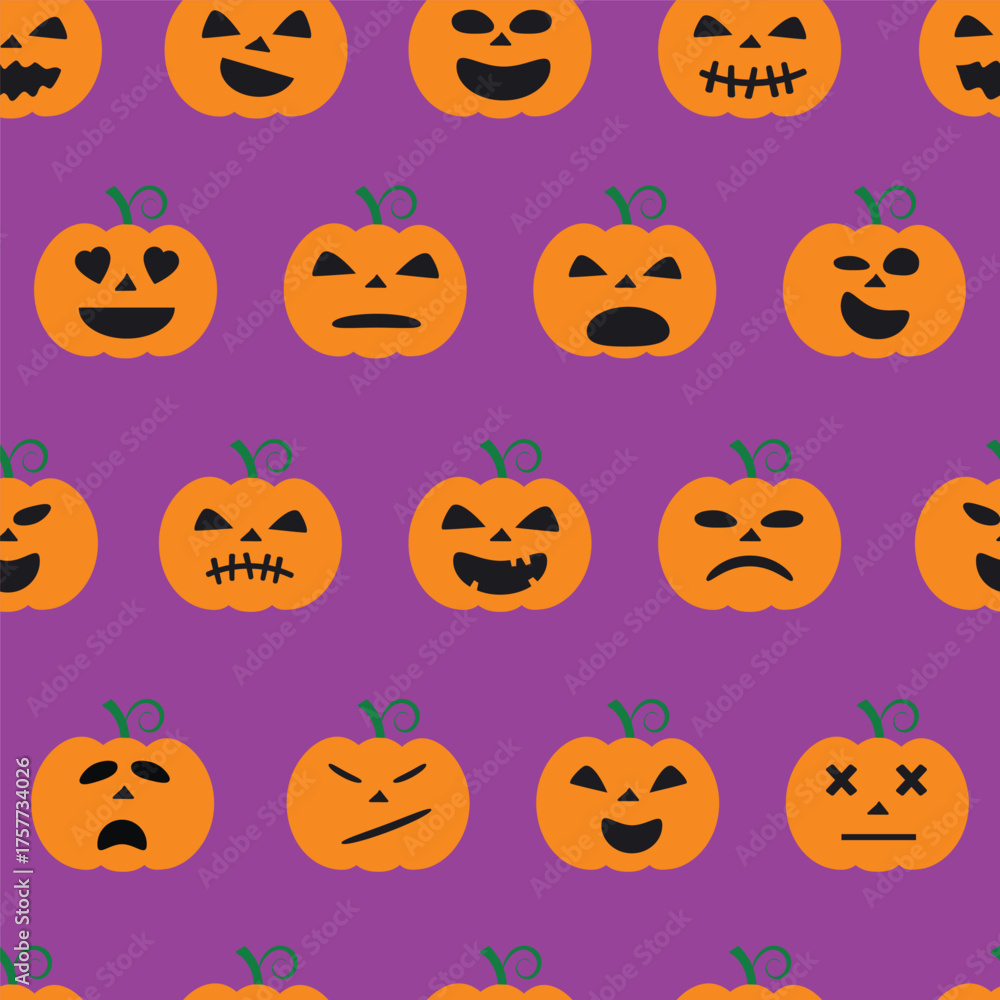 Naklejka premium Autumn Halloween seamless pattern orange pumpkins with cute smiley face