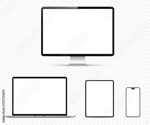 Modern smart devices with blank screen isolated on transparent background