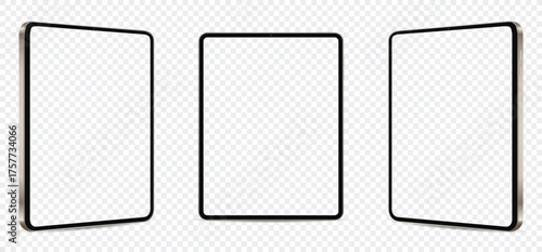 Realistic tablet mockup with blank transparent screen isolated on transparent background. Tablet from different angles.