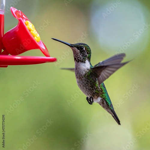 Wallpaper Mural A hummingbird hovering near a red feeder with blurred green background Torontodigital.ca