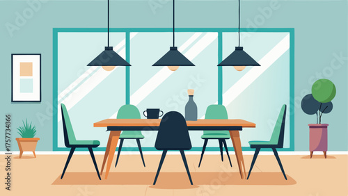 A bright and airy dining area with a sleek wooden table black industrialstyle chairs and a hanging pendant light fixture.