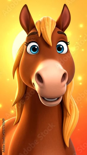 Cartoon horse portrait with golden mane and blue eyes on warm background
