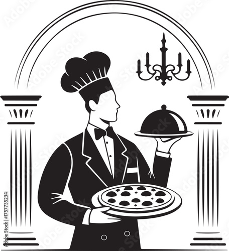 Classic Maitre d' with Bow Tie Holding Pizza: Formal Service and Luxury Dining Emblem.