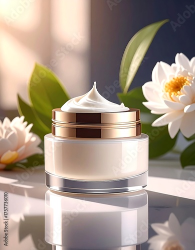 Wallpaper Mural A jar of cream with a gold lid, flowers, and foliage nearby Torontodigital.ca