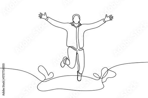 Man jumping joyfully in a puddle in a simple line drawing  