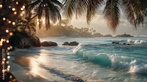 Beach scene with a palm tree in the foreground and a body of water in the background. The water is calm and the sky is clear, creating a serene and peaceful atmosphere