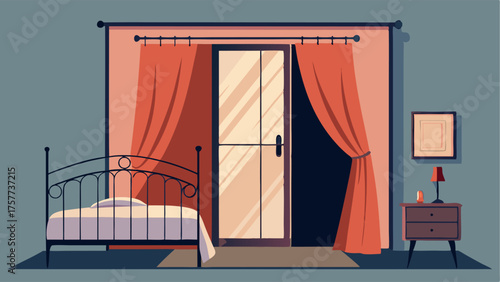 A cozy bedroom with a wrought iron bed frame velvet curtains and a distressed steel sliding door leading to a walkin closet.