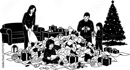 Post-Christmas Living Room Black Silhouette Vector: Family and Clutter of Empty Gift Boxes and Wrapping Paper Detailed Scene Graphic.	