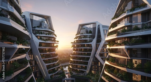 A futuristic apartment complex with geometric facades, garden terraces, and soft golden-hour lighting.