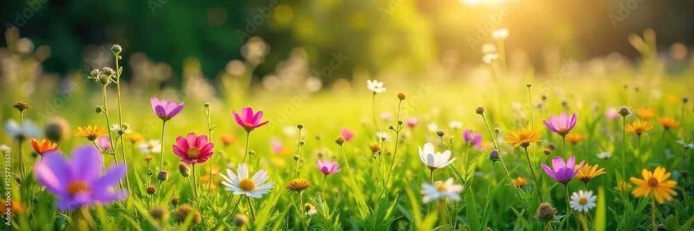 Fototapeta premium Vibrant wildflowers carpet a sun-drenched meadow, perfect for a springtime picnic or leisurely stroll Enjoy the fresh air and blooming beauty of the season , leisure, nature