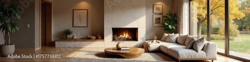 Warm, inviting living room interior with cozy fireplace and large windows, perfect for relaxation and family gatherings Neutral color palette creates a serene atmosphere , home, windows