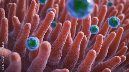 Microscopic view of intestinal villi detailed cellular structure