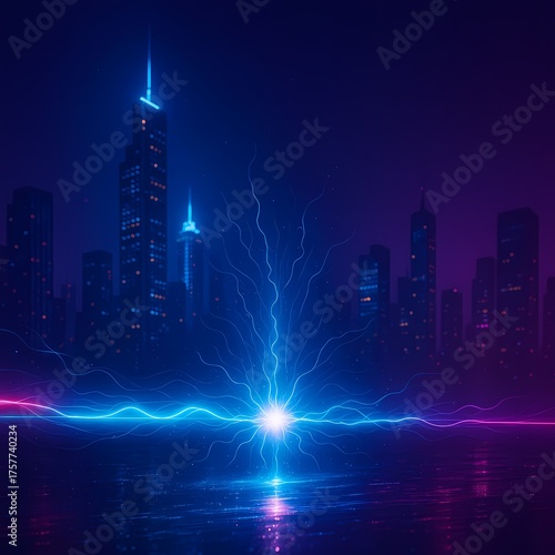 Glowing digital energy waves flowing through a futuristic city — symbol of technology and connection.
