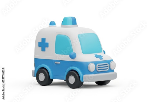 Cute 3d cartoon ambulance vehicle isolated on white background, representing emergency medical services and healthcare