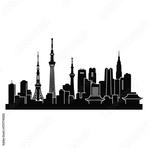 Tokyo skyline featuring iconic structures in a striking black silhouette