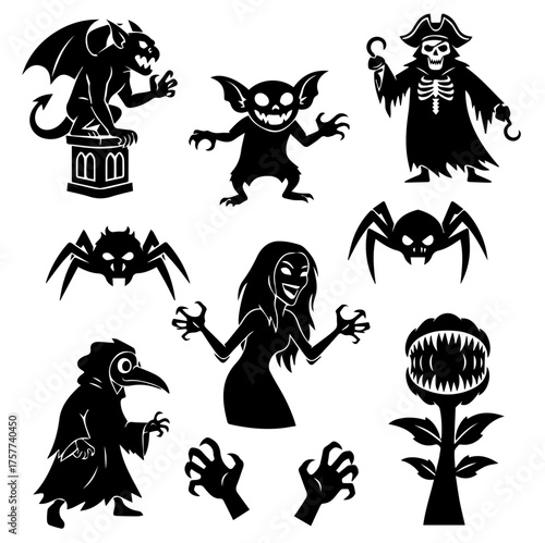 A collection of spooky and frightening Halloween-themed monsters, creatures, and characters, including a gargoyle, goblin, pirate, plague doctor, and a carnivorous plant