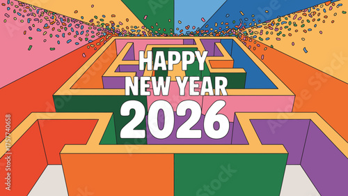 Happy new year 2026 maze celebration with confetti