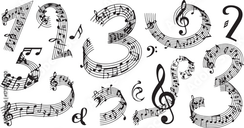 Artistic composition of musical notes and symbols forming abstract shapes and numbers on white background