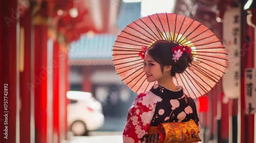 Japanese woman in kimono with red umbrella  