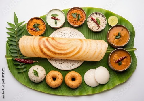 South indian breakfast meal with dosa, idli, vada, sambar, and chutney arranged on a banana leaf