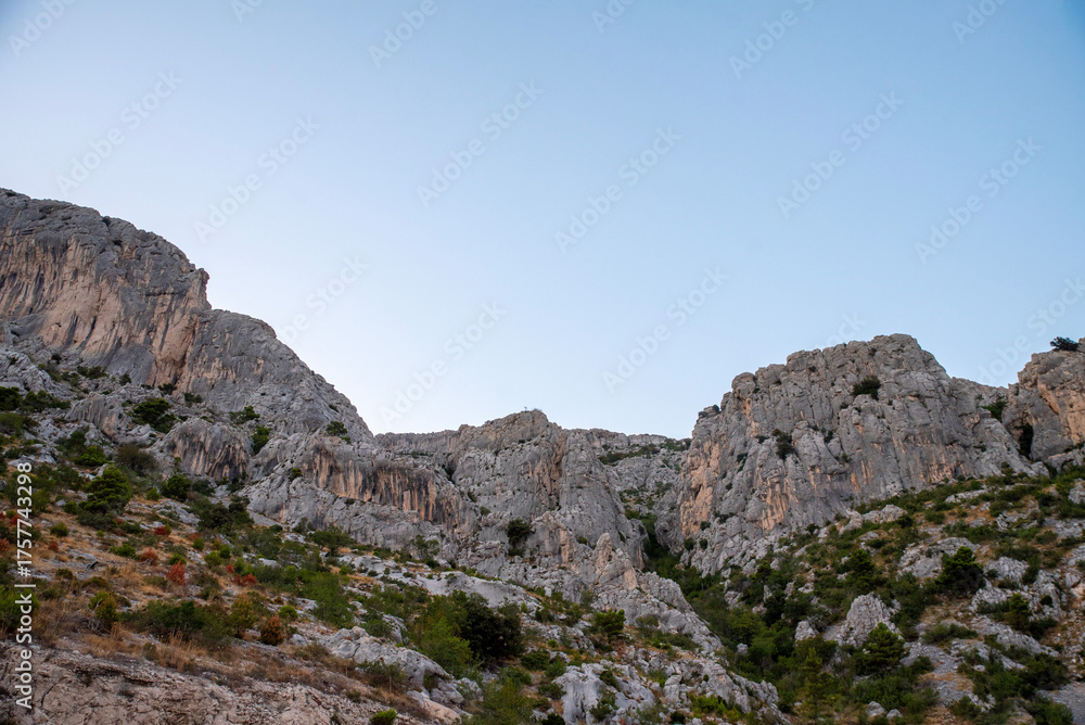 Fototapeta premium Limestone cliff with scrub in the evening
