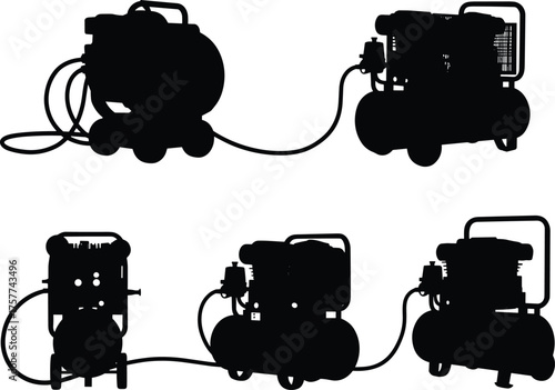Air compressor silhouettes, industrial equipment, portable machines, pneumatic power units, construction tools, workshop equipment, heavy machinery, energy supply, black vector illustration