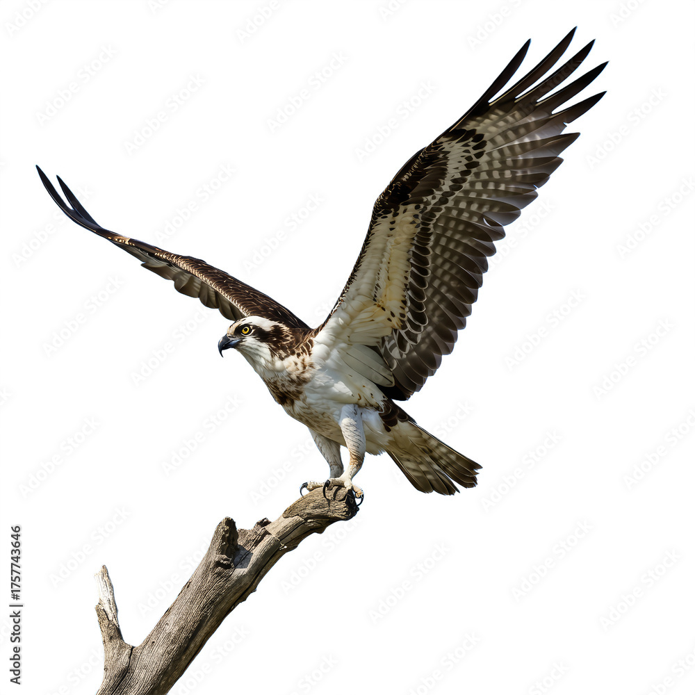 Obraz premium Flying Osprey Sit On Tree Branch isolated on white transparent background, PNG 