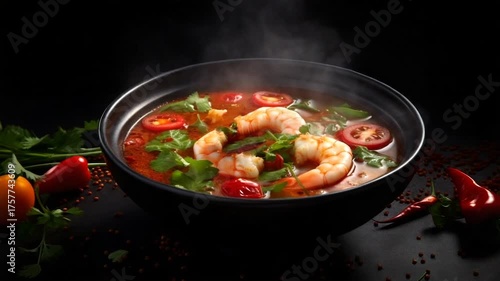 Traditional Thai spicy soup with herbs and prawns