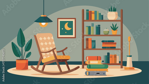 A cozy reading nook with a bamboo rocking chair a jute rug and shelves filled with upcycled decor.