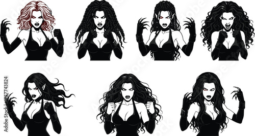 Female vampire characters, gothic fantasy women, dark supernatural figures, horror illustration, fanged portraits, mystical identity, black outfits, vector art, fantasy icons