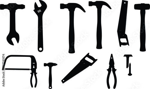 Hand tool silhouettes, mallet, wrench, hammer, saw, hacksaw, pliers, screw, nail, carpentry tools, construction equipment, workshop tools, black vector illustration