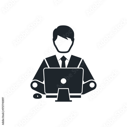 Minimalist Business Icon Working Professional at Computer - Depicting Digital Work and IT Tasks