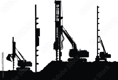 Pile driving machine silhouettes, construction equipment, heavy machinery, screw pile foundation, 
