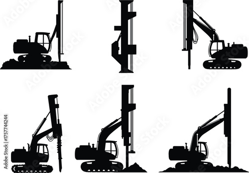 Pile driver silhouettes, construction machinery, heavy equipment, deep foundation rigs, soil drilling machines, geotechnical engineering, excavation tools, screw pile drivers, black vector icons