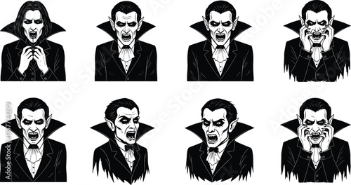 Vampire character expressions, gothic fantasy figure, emotional portraits, horror illustration, dark fantasy art, supernatural identity, black vector icons, dramatic faces