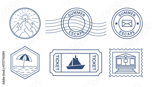Vector art of a collection of blue stamplike illustrations depicting travel and summer themes, including mountains, beach, and train