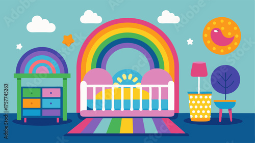 A colorful nursery with a rainbowhued wall mural and a crib made with patterned sheets and a crochet blanket.