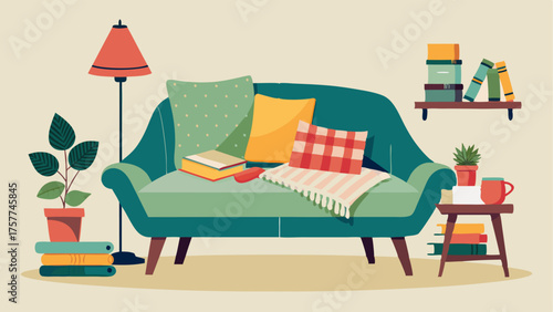 A cozy reading nook with a mix of vintage and modern furniture adorned with various cushions and throws in different textures and patterns.