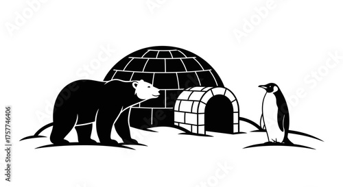 A delightful black and white illustration depicts a friendly polar bear and a curious penguin interacting near traditional igloos, evoking a whimsical arctic Christmas scene.