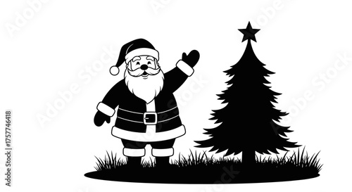 A charming black and white illustration depicts Santa Claus waving cheerfully beside a classic Christmas tree silhouette, evoking festive holiday spirit.