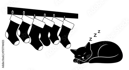 A peaceful black cat sleeps soundly beside five festive Christmas stockings hanging from a rustic mantelpiece, embodying cozy holiday comfort.