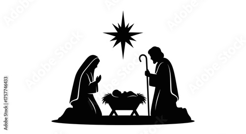 A striking black silhouette depicts the holy Nativity scene: Mary, Joseph, infant Jesus, manger, and the Star of Bethlehem, symbolizing Christmas.