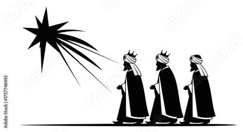 A stylized black and white illustration depicts the Three Wise Men following the guiding Star of Bethlehem, symbolizing the spiritual journey and the Epiphany narrative.