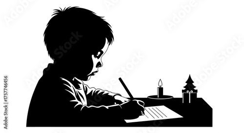 A young child diligently writes a heartfelt letter at a festive desk, illuminated by a warm candle glow during the Christmas season.