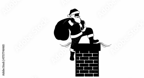 A classic black silhouette illustration depicts Santa Claus descending a brick chimney with his sack of gifts, embodying the festive spirit of Christmas Eve.