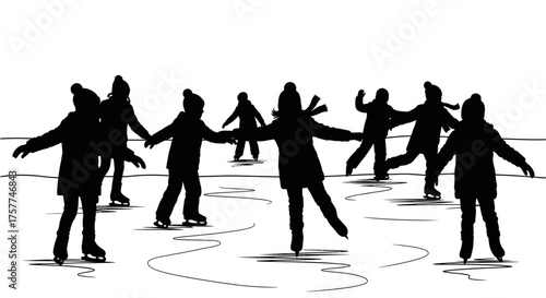 A group of cheerful people enjoy the festive winter season by ice skating together, celebrating the joyful spirit of Christmas.