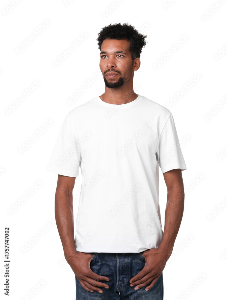Obraz premium Man wearing stylish t-shirt on white background. Mockup for design