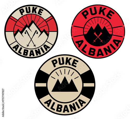 Puke Albania Travel Badge Logo Set with Mountains Vintage Style Circular Emblem Design Collection