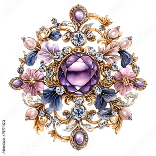 Pearl Brooch, watercolor drawing vector, isolated on a white background.