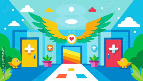 A bright and welcoming pediatric wing with colorful murals and toys for young patients.